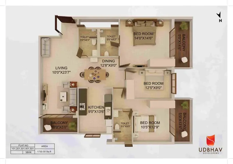 3BHK 1730 Sft (Top View).